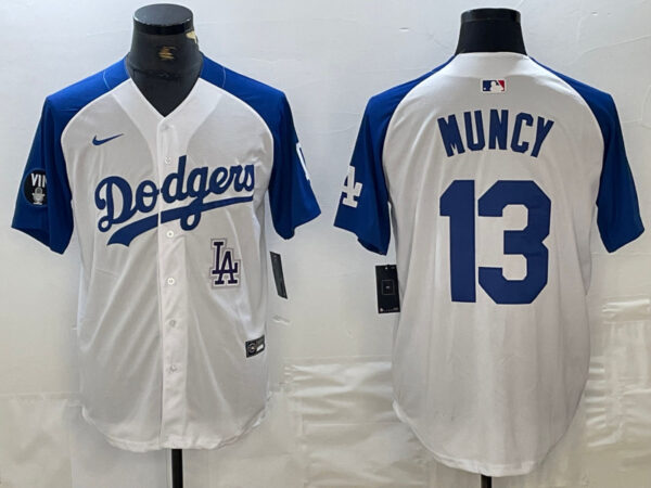 Men's Los Angeles Dodgers #13 Max Muncy White Blue Vin Patch Cool Base Stitched Baseball Jersey