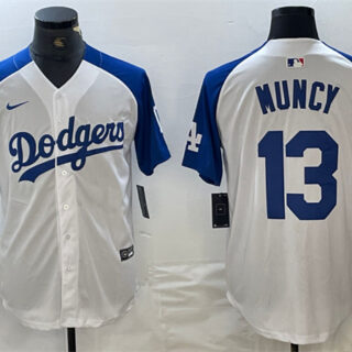 Men's Los Angeles Dodgers #13 Max Muncy White Blue Vin Patch Cool Base Stitched Baseball Jersey