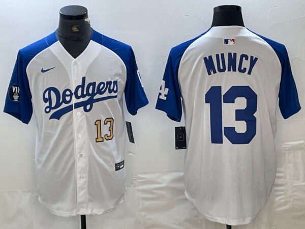 Men's Los Angeles Dodgers #13 Max Muncy White Blue Vin Patch Cool Base Stitched Baseball Jersey