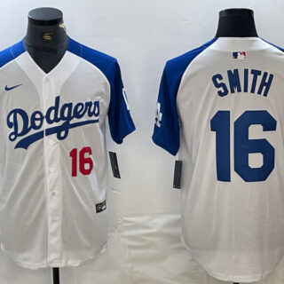 Men's Los Angeles Dodgers #16 Will Smith White Blue Vin Patch Cool Base Stitched Baseball Jersey