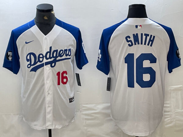 Men's Los Angeles Dodgers #16 Will Smith White Blue Vin Patch Cool Base Stitched Baseball Jersey