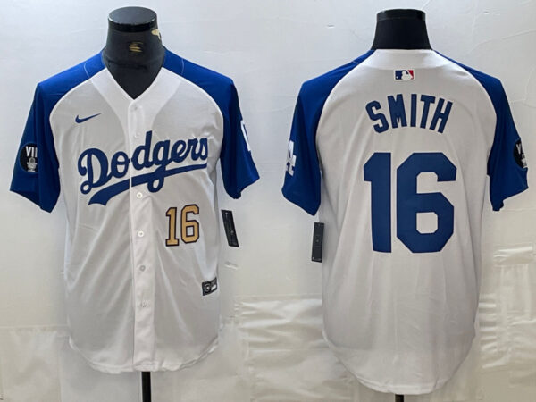 Men's Los Angeles Dodgers #16 Will Smith White Blue Vin Patch Cool Base Stitched Baseball Jersey
