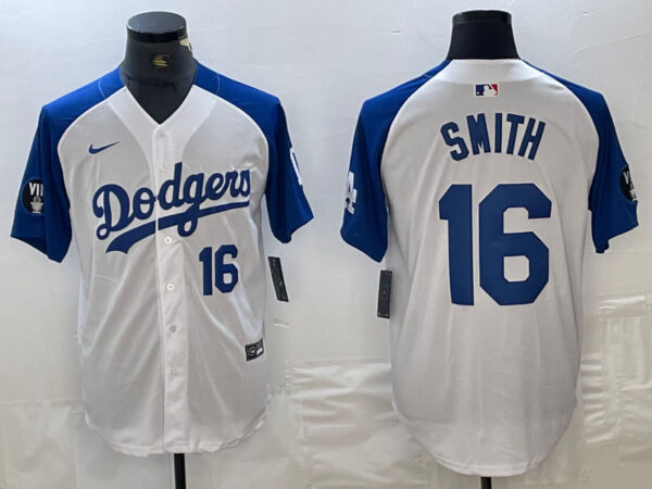 Men's Los Angeles Dodgers #16 Will Smith White Blue Vin Patch Cool Base Stitched Baseball Jersey