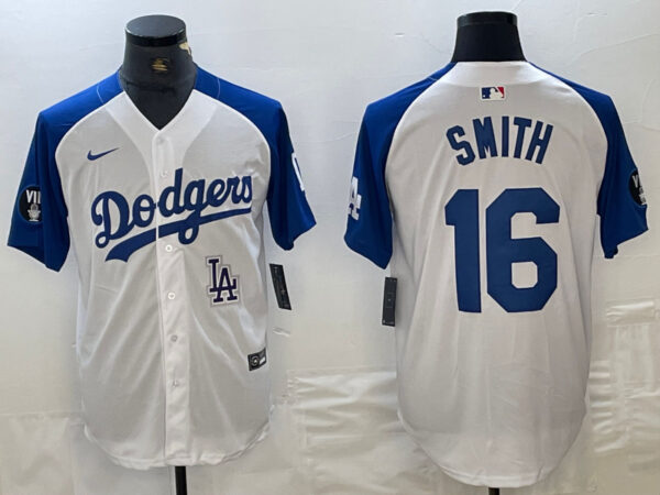 Men's Los Angeles Dodgers #16 Will Smith White Blue Vin Patch Cool Base Stitched Baseball Jersey