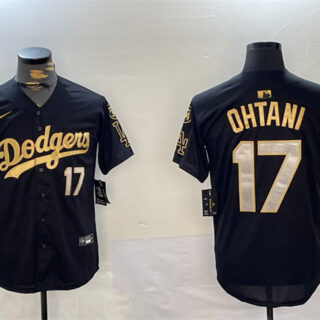 Men's Los Angeles Dodgers #17 Shohei Ohtani Black Gold 2024 World Series Champions With Fernando Memorial Patch Limited Stitched Baseball Jersey