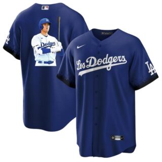 Men's Los Angeles Dodgers #17 Shohei Ohtani Blue Big Logo City Connect Cool Base Stitched Jersey 5