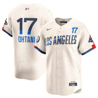 Men's Los Angeles Dodgers #17 Shohei Ohtani Cream 2024 World Series Champions City Connect Limited Stitched Baseball Jersey