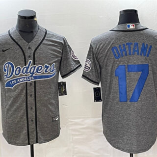 Men's Los Angeles Dodgers #17 Shohei Ohtani Gray Cool Base With Patch Stitched Baseball Jersey