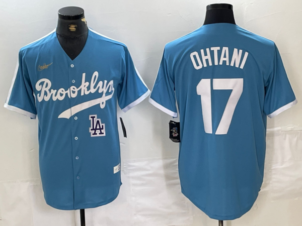 Men's Los Angeles Dodgers #17 Shohei Ohtani Light Blue Throwback Cool Base Stitched Baseball Jerseys