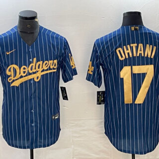 Men's Los Angeles Dodgers #17 Shohei Ohtani Navy Gold Cool Base Stitched Jersey