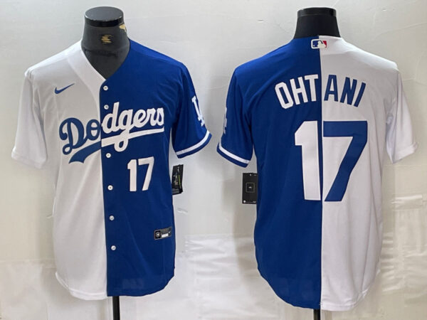 Men's Los Angeles Dodgers #17 Shohei Ohtani White Blue Split Cool Base Stitched Baseball Jersey