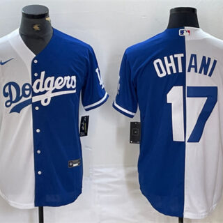 Men's Los Angeles Dodgers #17 Shohei Ohtani White Blue Split Cool Base Stitched Baseball Jersey