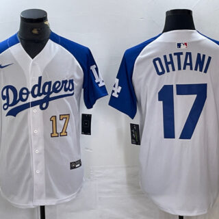 Men's Los Angeles Dodgers #17 Shohei Ohtani White Blue Vin Patch Cool Base Stitched Baseball Jersey