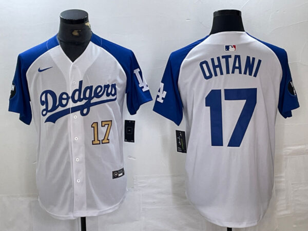 Men's Los Angeles Dodgers #17 Shohei Ohtani White Blue Vin Patch Cool Base Stitched Baseball Jersey