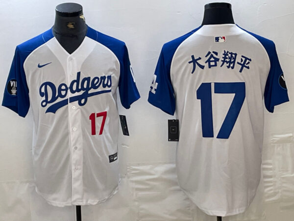 Men's Los Angeles Dodgers #17 Shohei Ohtani White Blue Vin Patch Cool Base Stitched Baseball Jersey