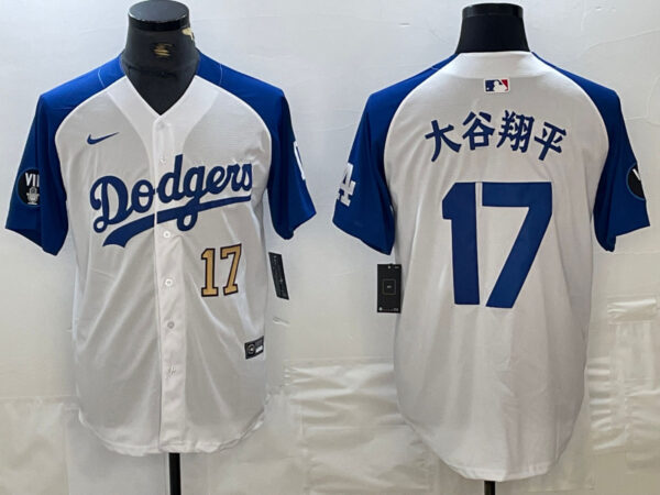 Men's Los Angeles Dodgers #17 Shohei Ohtani White Blue Vin Patch Cool Base Stitched Baseball Jersey