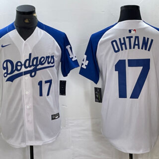 Men's Los Angeles Dodgers #17 Shohei Ohtani White Blue Vin Patch Cool Base Stitched Baseball Jersey