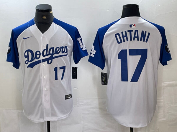 Men's Los Angeles Dodgers #17 Shohei Ohtani White Blue Vin Patch Cool Base Stitched Baseball Jersey