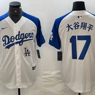 Men's Los Angeles Dodgers #17 Shohei Ohtani White Blue Vin Patch Cool Base Stitched Baseball Jersey