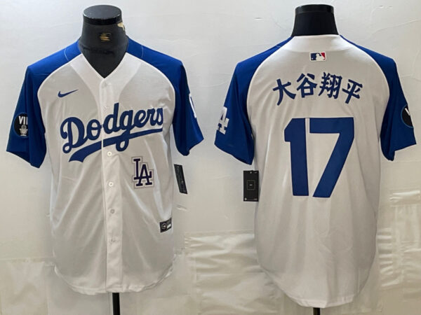 Men's Los Angeles Dodgers #17 Shohei Ohtani White Blue Vin Patch Cool Base Stitched Baseball Jersey