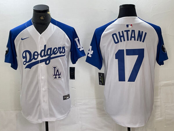 Men's Los Angeles Dodgers #17 Shohei Ohtani White Blue Vin Patch Cool Base Stitched Baseball Jersey