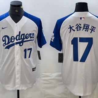 Men's Los Angeles Dodgers #17 Shohei Ohtani White Blue Vin Patch Cool Base Stitched Baseball Jersey