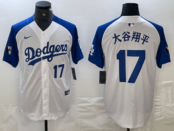 Men's Los Angeles Dodgers #17 Shohei Ohtani White Blue Vin Patch Cool Base Stitched Baseball Jersey