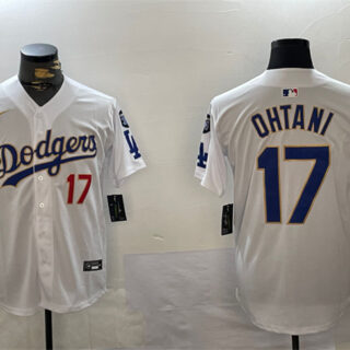 Men's Los Angeles Dodgers #17 Shohei Ohtani White Gold 2024 World Series Champions With Fernando Memorial Patch Home Limited Stitched Baseball Jersey