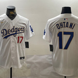 Men's Los Angeles Dodgers #17 Shohei Ohtani White Gold 2024 World Series Home Limited Stitched Baseball Jersey