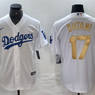 Men's Los Angeles Dodgers #17 Shohei Ohtani White Gold Cool Base Stitched Baseball Jersey