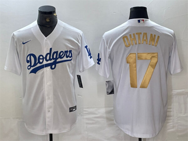 Men's Los Angeles Dodgers #17 Shohei Ohtani White Gold Cool Base Stitched Baseball Jersey
