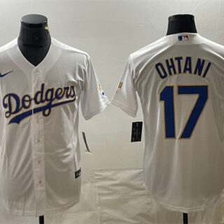 Men's Los Angeles Dodgers #17 Shohei Ohtani White Gold Cool Base With Patch Stitched Baseball Jersey