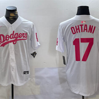 Men's Los Angeles Dodgers #17 Shohei Ohtani White Pink Vin & Kobe Patch Limited Stitched Baseball Jersey