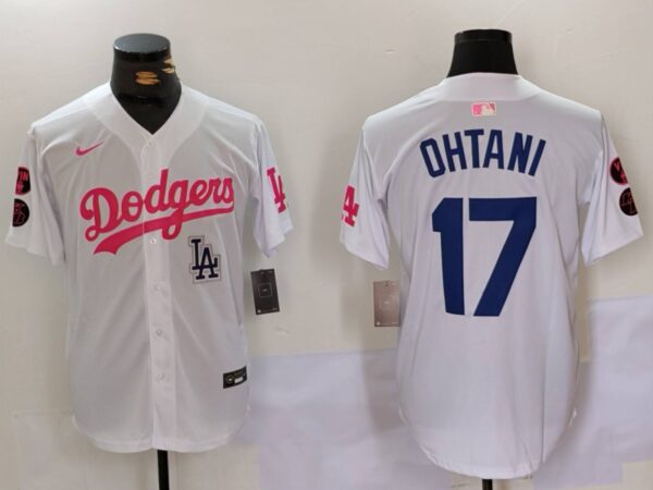 Men's Los Angeles Dodgers #17 Shohei Ohtani White Pink Vin & Kobe Patch Stitched Baseball Jerseys