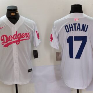 Men's Los Angeles Dodgers #17 Shohei Ohtani White Pink Vin & Kobe Patch Stitched Baseball Jerseys
