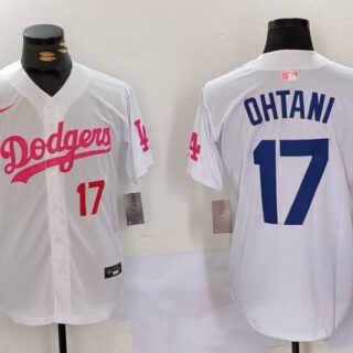 Men's Los Angeles Dodgers #17 Shohei Ohtani White Pink Vin & Kobe Patch Stitched Baseball Jerseys
