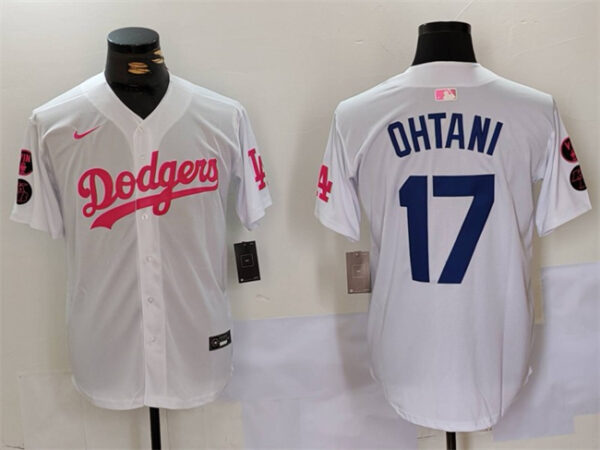 Men's Los Angeles Dodgers #17 Shohei Ohtani White Pink Vin & Kobe Patch Stitched Baseball Jersey