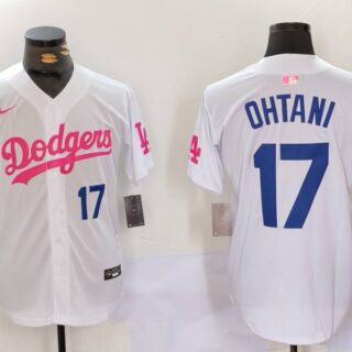 Men's Los Angeles Dodgers #17 Shohei Ohtani White Pink Vin & Kobe Patch Stitched Baseball Jerseys