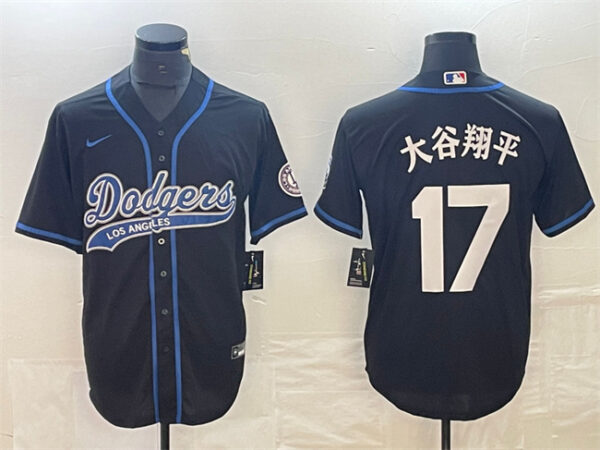 Men's Los Angeles Dodgers #17 u5927u8c37u7fd4u5e73 Black Cool Base With Patch Stitched Baseball Jersey