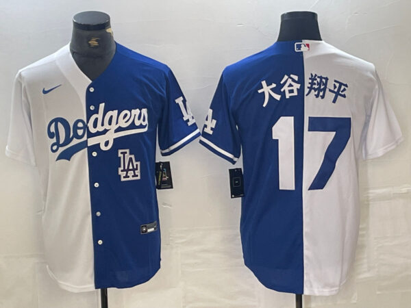 Men's Los Angeles Dodgers #17 大谷翔平 White Blue Split Cool Base Stitched Baseball Jersey