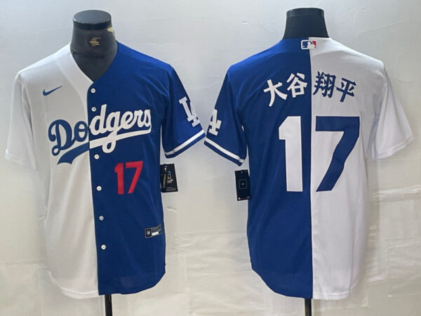 Men's Los Angeles Dodgers #17 大谷翔平 White Blue Split Cool Base Stitched Baseball Jersey