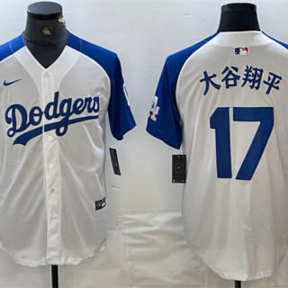 Men's Los Angeles Dodgers #17 大谷翔平 White Blue Vin Patch Cool Base Stitched Baseball Jersey