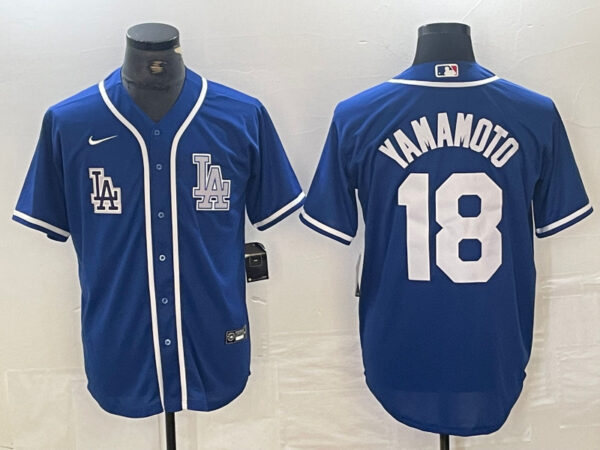 Men's Los Angeles Dodgers #18 Yoshinobu Yamamoto Blue Cool Base Stitched Baseball Jersey