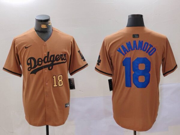 Men's Los Angeles Dodgers #18 Yoshinobu Yamamoto Brown Cool Base Stitched Baseball Jerseys