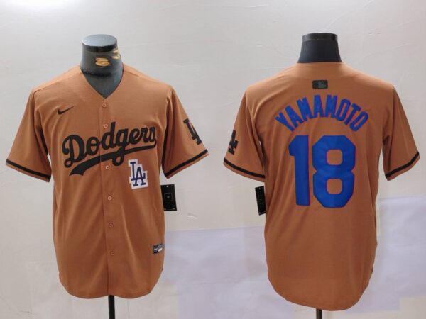 Men's Los Angeles Dodgers #18 Yoshinobu Yamamoto Brown Cool Base Stitched Baseball Jerseys