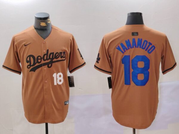 Men's Los Angeles Dodgers #18 Yoshinobu Yamamoto Brown Cool Base Stitched Baseball Jerseys