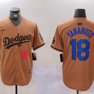 Men's Los Angeles Dodgers #18 Yoshinobu Yamamoto Brown Cool Base Stitched Baseball Jerseys