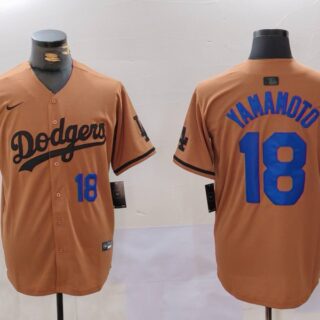 Men's Los Angeles Dodgers #18 Yoshinobu Yamamoto Brown Cool Base Stitched Baseball Jersey