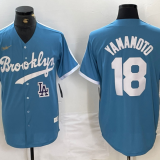Men's Los Angeles Dodgers #18 Yoshinobu Yamamoto Light Blue Throwback Cool Base Stitched Baseball Jerseys