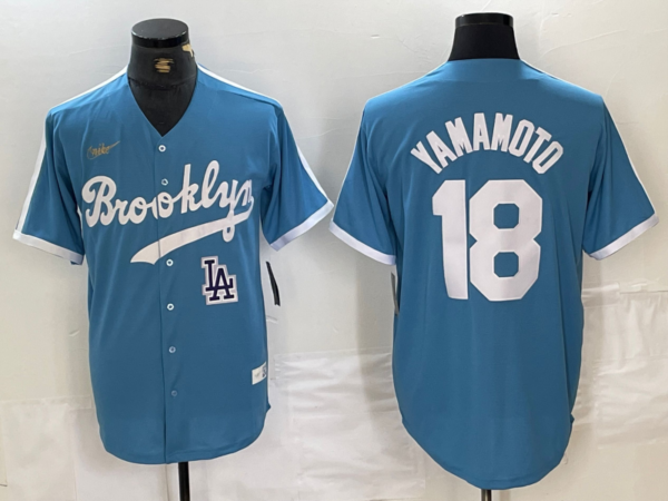 Men's Los Angeles Dodgers #18 Yoshinobu Yamamoto Light Blue Throwback Cool Base Stitched Baseball Jerseys